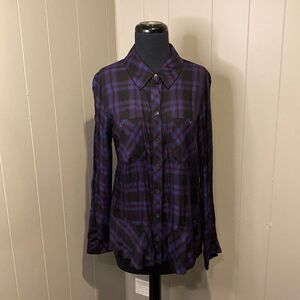 CAbi Medium Button Down Long Sleeve Shirt Plaid Ruffle Hem